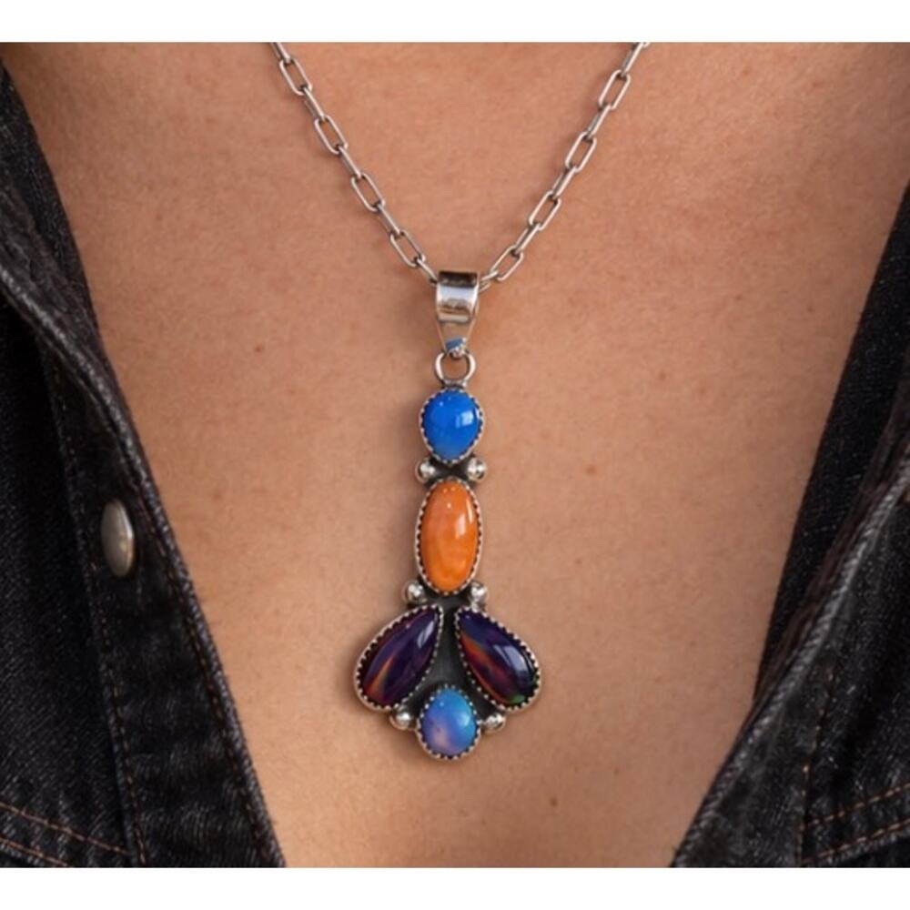 Spiny Oyster, Blue Turquoise & Opal Sterling Silver Necklace – 22"